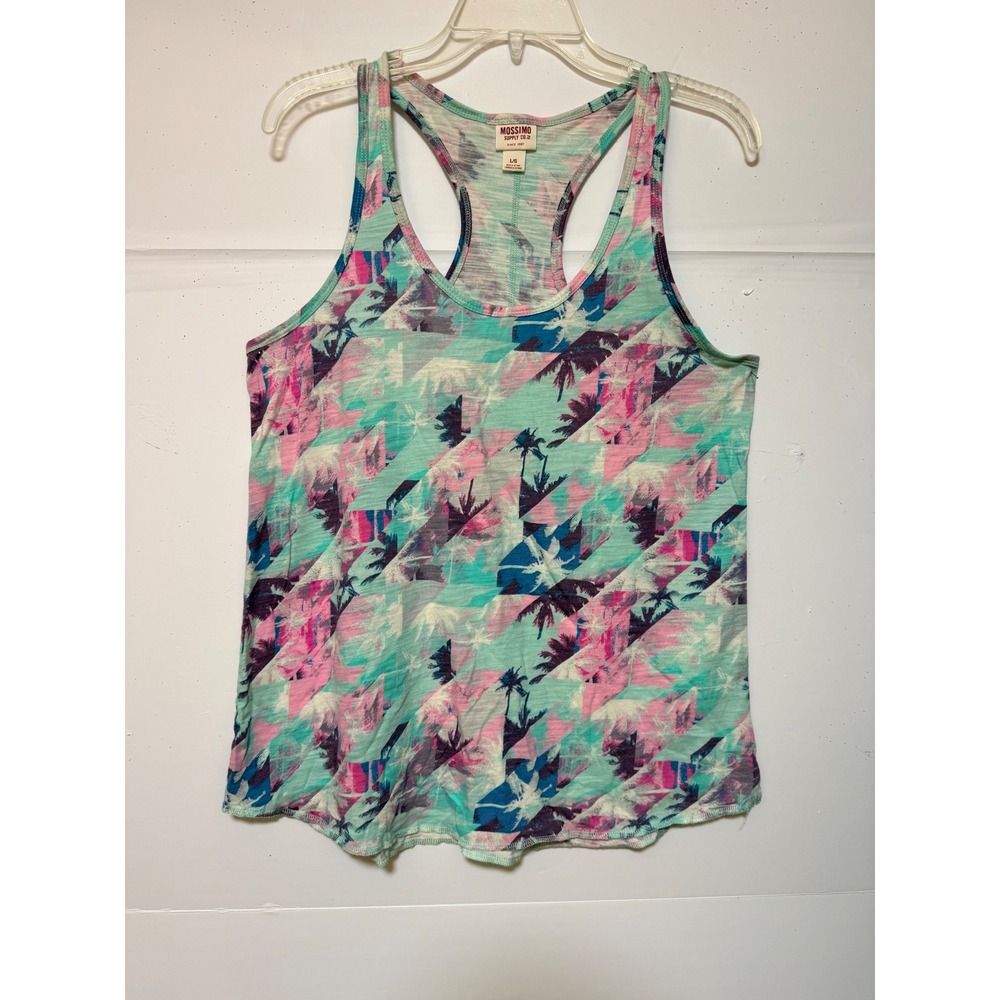 VTG Mossimo Racerback Tank Top Women L Teal Pink Palm Tree Tropical Y2K